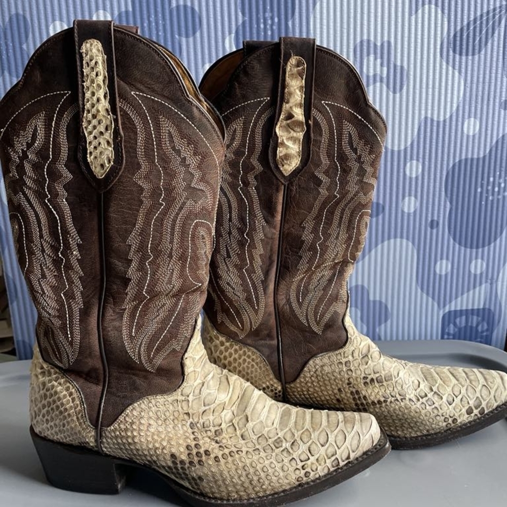 JB Dillon Python Skin and Brown Leather Snip Toe Cowboy Boots, Men's 7.5D